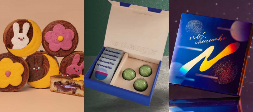 由左至右:Chubby Doo|兔兔奔月軟餅乾爆漿圓可頌;le brewlife|幸運• 星球黃金豆沙蛋黃酥精品濾掛;No.5 CheeseCake|Moonrise綜合甜點餅乾禮盒。(圖/Pinkoi提供)