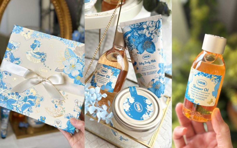 SABON璀璨茉莉光潤修護組／3,980元  內含璀璨茉莉沐浴油300ml+璀璨茉莉沐浴油100ml+璀璨茉莉身體磨砂膏320g+璀璨茉莉絲綢身體乳液200ml。（圖／吳雅鈴攝）