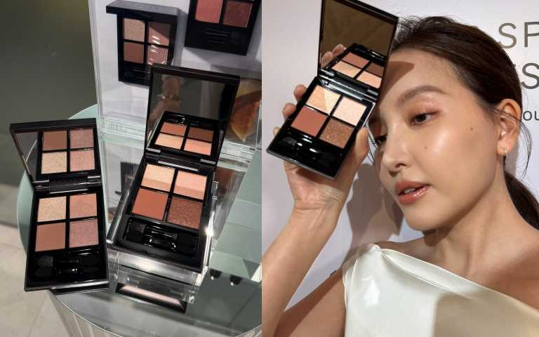 質地細緻輕盈，即使層層疊加仍保持透明感，不易顯厚重。色彩中融入紅色珠光，在不同光線下呈現溫暖光澤，讓眼神看起來更有精神與立體度。THREE 星紗流光四色眼影盤#09、#10 6.7g / 2,400元（圖／黃筱婷攝）