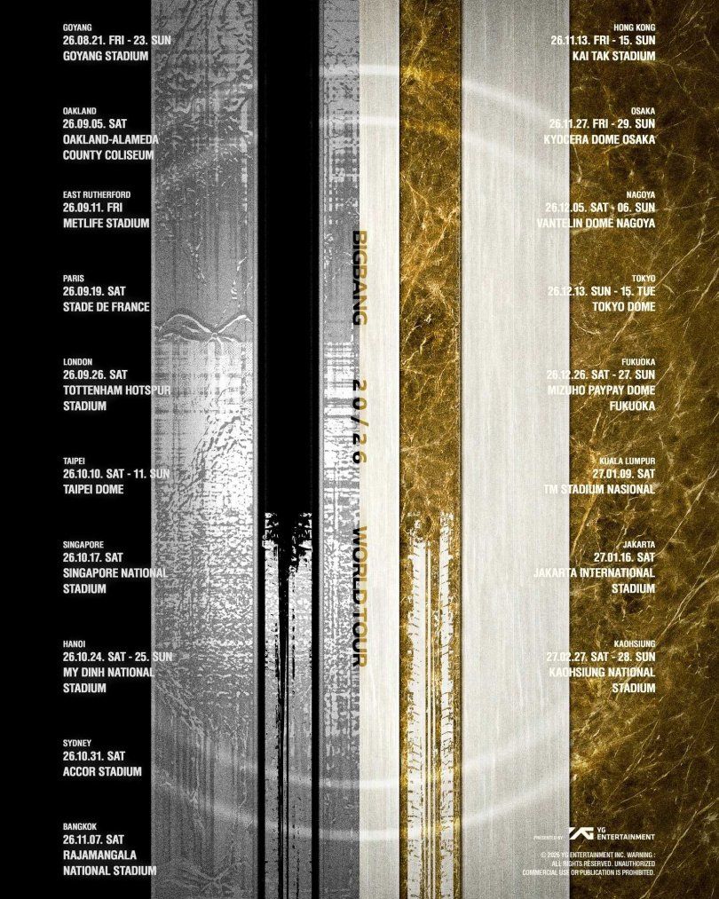 BIGBANG宣布世界巡迴場次。（圖／翻攝自BIGBANG 臉書）