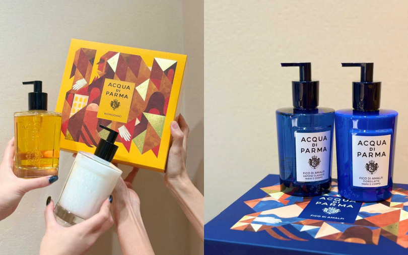 Acqua di Parma《斯普雷扎圖拉大飯店》早安手部呵護精裝禮盒/6,600元、阿瑪爾菲無花果身體系列禮盒/6,300元(圖/Cindy攝)