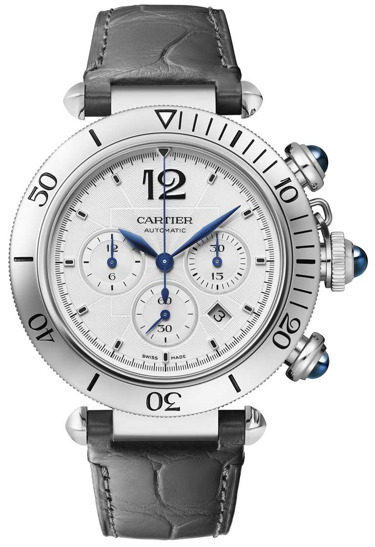 Cartier「Pasha de Cartier」計時功能腕錶，41mm，精鋼錶殼，自動機芯，可更換式金屬錶鍊及皮革錶帶╱293,000元。（圖╱Cartier提供）