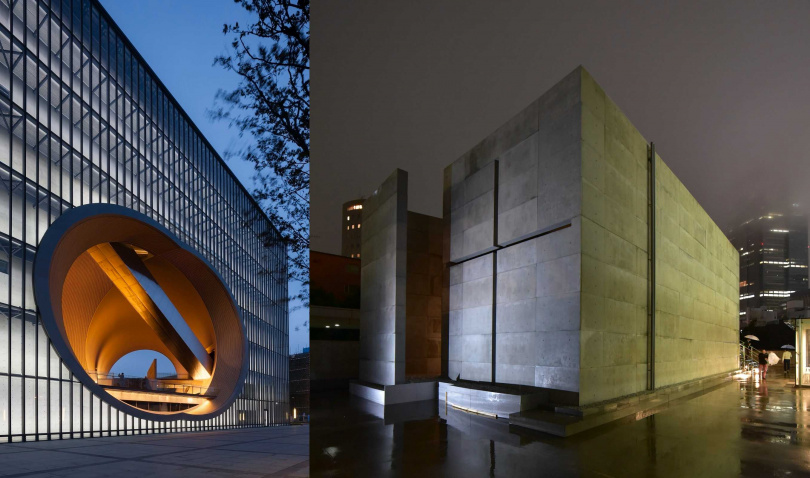 「上海保利大劇院」（左，圖／©Shigeo Ogawa）、「光之教堂」1：1原尺寸復刻。（2017年東京展-展場照，圖／©Tadao Ando Exhibition Cimmittee）