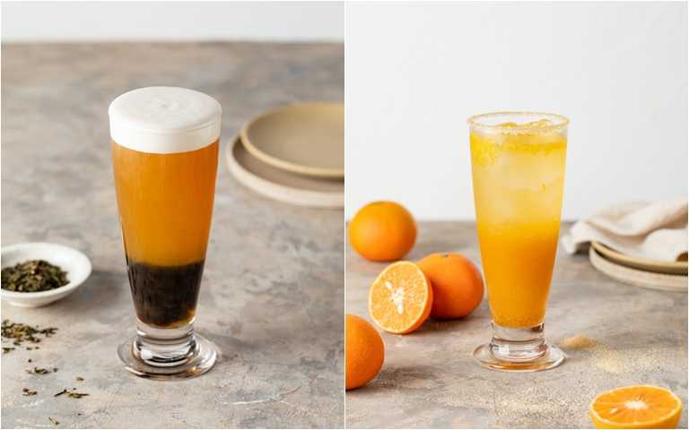（左）「奶蓋珍珠綠茶」、（右）「柑橘白巧克力氣泡飲」，每樣都好好喝！