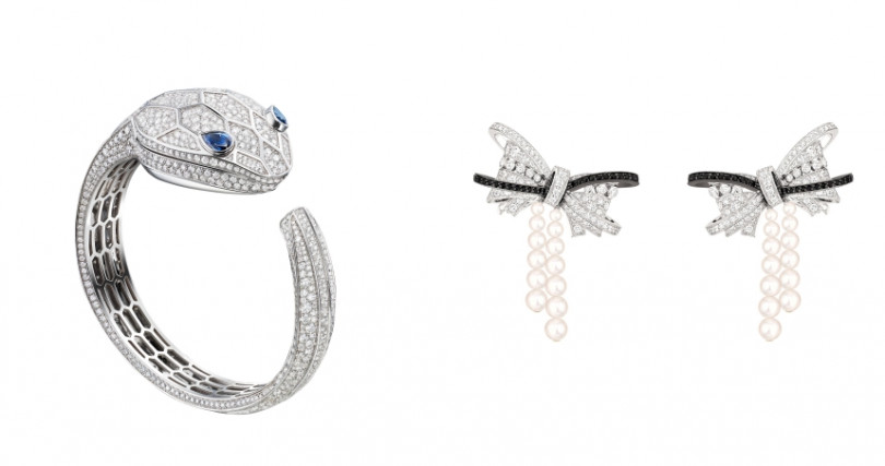 BVLGARI SERPENT MISTERIOSI 頂級白K金鑽石腕錶／4,437,000元，CHANEL高級珠寶Ruban耳環。（圖／品牌提供）