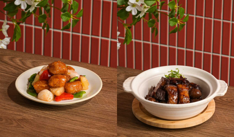 阿嬤十大拿手菜「陸海空紅燒肉」（右，388元）、「荔枝糖醋魚」。（288元，圖／復興北外婆家提供）