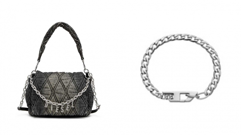 DIESEL CHARM-D 中型肩背包/21,500元,DIESEL手鍊/3,480元(圖/品牌提供)