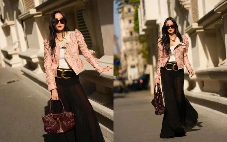 孫芸芸以Chloé全套造型現身巴黎SS26秀場,以刺繡外套搭配絲緞蕾絲上衣與高腰A字裙,展現復古浪漫氣息。(圖/孫芸芸IG)