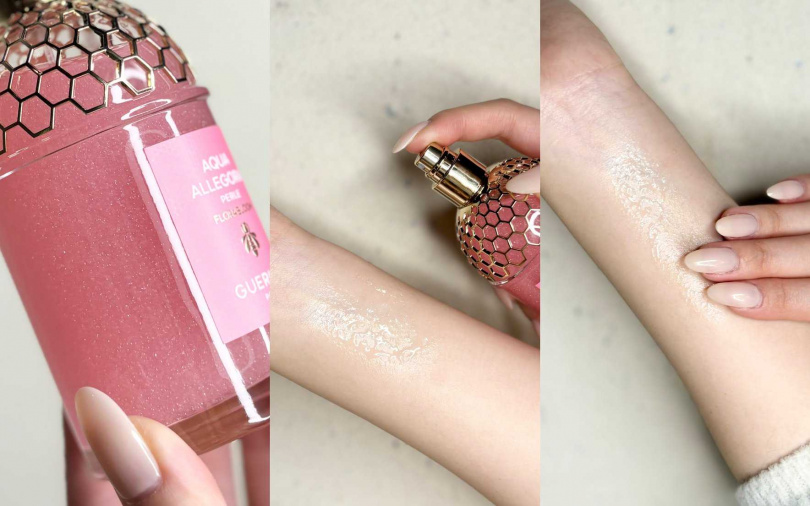 將香氛與護膚完美融合的花草水語潤膚珍珠淡香精，噴上後直接輕柔按摩肌膚，就能聞到隨之釋放的迷人香氣。（圖／吳雅鈴攝）