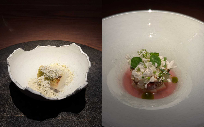茭白筍 | 奶油・自製七味;白魽 | 紫蘇・梅・小黃瓜・花。