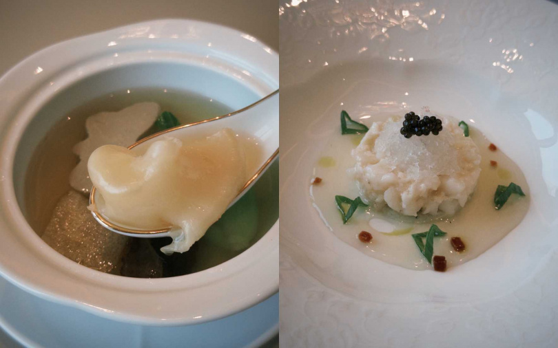 頭湯_香蓀花膠肝膏湯;青雲_雪燕蝦仁芙蓉雞淖。(圖/加七攝)