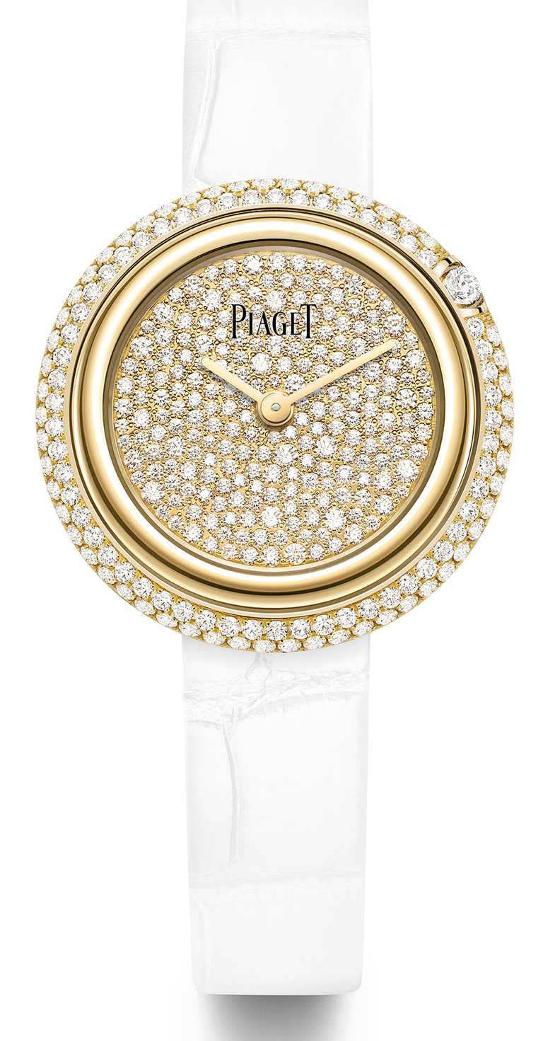 PIAGET「Possession」系列30周年限定作品，18K黃金雪花鑲嵌錶盤腕錶，限量130只╱930,000元。（圖╱PIAGET提供）