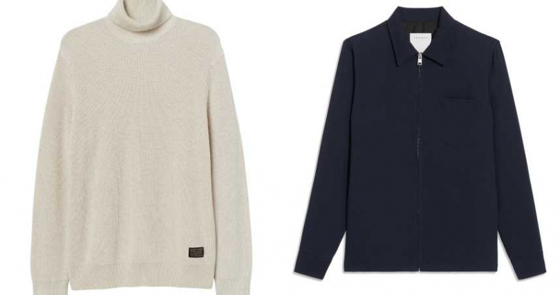 左：H&M 全新假日系列男裝高領上衣／799元；右：Sandro Homme海軍藍外套／價格店洽（圖／品牌提供）
