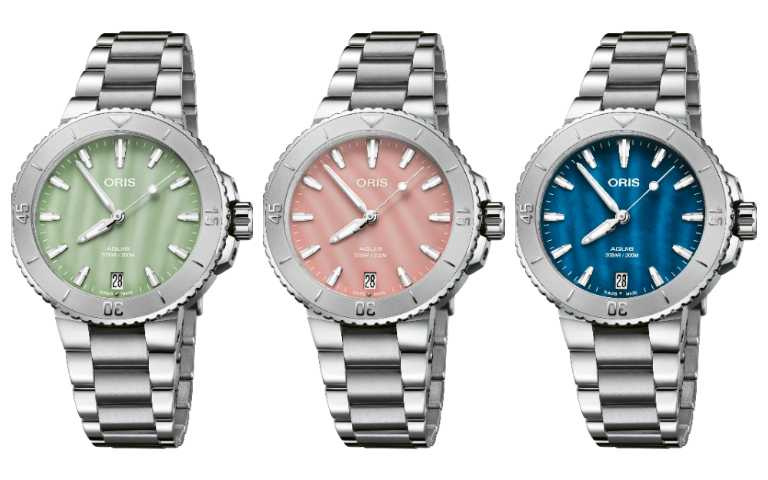 Oris Aquis 36.5 mm日期腕錶，建議售價NT$66,000(水藍綠)／Oris Aquis 36.5 mm日期腕錶，建議售價NT$66,000(胭脂粉)／Oris Aquis 36.5 mm日期腕錶，建議售價NT$66,000(愛琴海藍)（圖／Oris提供）