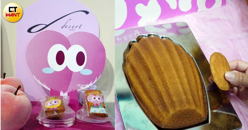 「拉拉山水蜜桃費南雪」(左,580元/6入)外層微酥、內裡濕潤柔軟,入口伴隨淡雅果香,「OV瑪德蓮禮盒」內含巨大瑪德蓮1入、小瑪德蓮3入與焦糖沾醬。(1,080元,圖/魏妤靜攝)