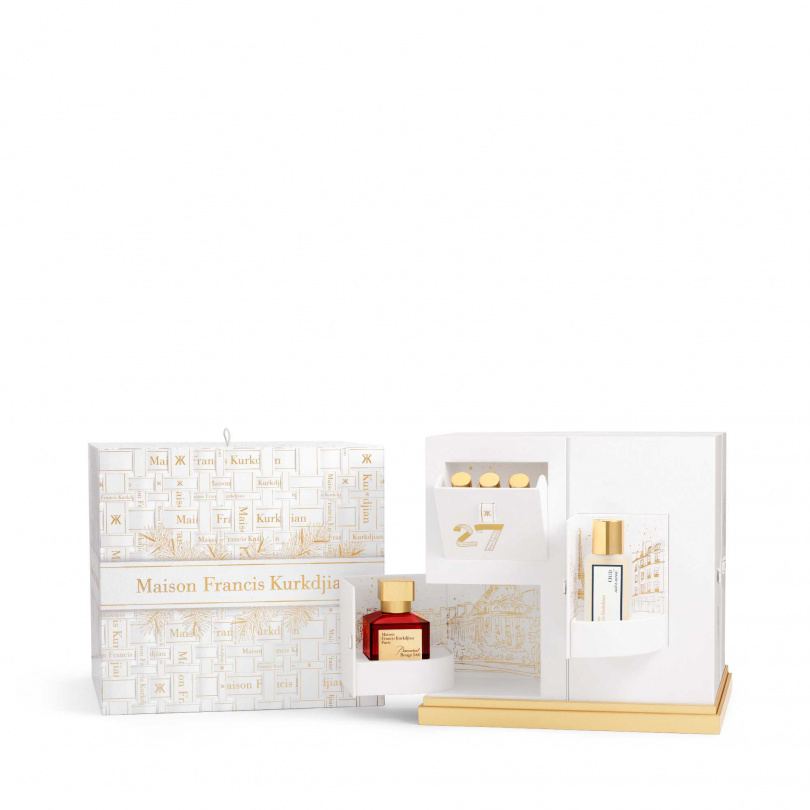 Maison Francis Kurkdjian 2025限量跨年倒數日曆 38,800元/內含Baccarat Rouge 540香精70ml、Grand Soir淡香精35ml、OUD satin mood髮香噴霧35ml、Mon beau Sapin香氛蠟燭75g、Baccarat Rouge 540身體油200ml、香氛滾珠瓶4ml×3、迷你蠟燭3×30g與神秘驚喜禮(圖/品牌提供)