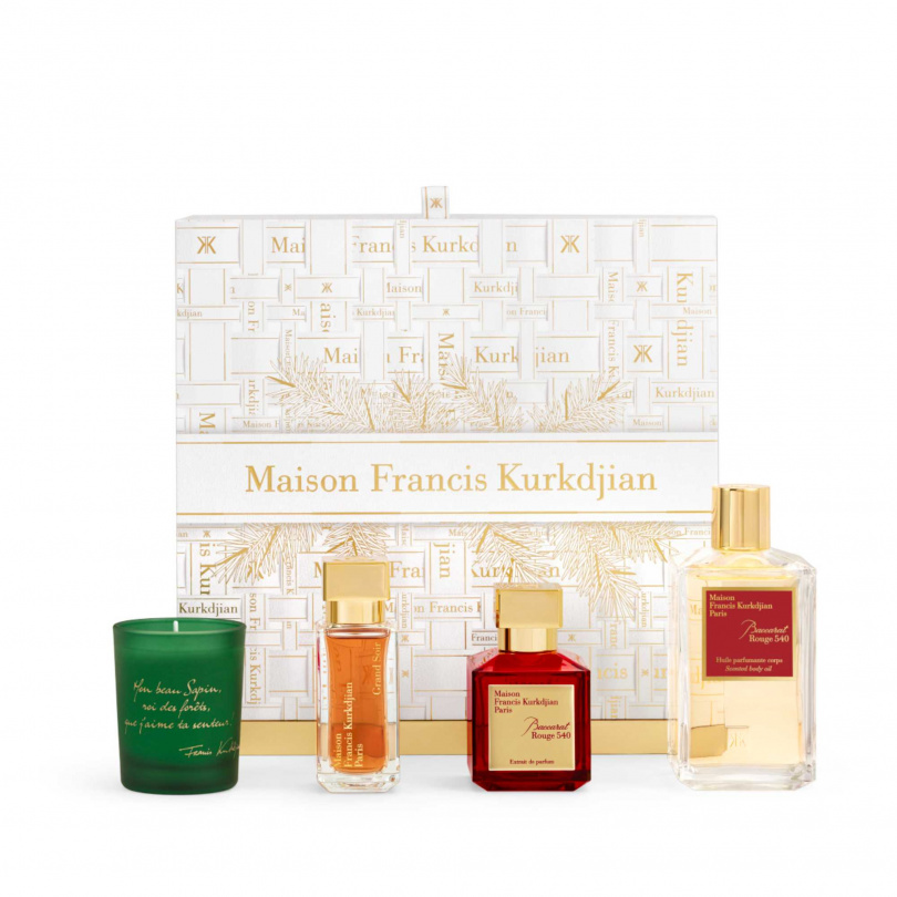 Maison Francis Kurkdjian 2025限量跨年倒數日曆 38,800元/內含Baccarat Rouge 540香精70ml、Grand Soir淡香精35ml、OUD satin mood髮香噴霧35ml、Mon beau Sapin香氛蠟燭75g、Baccarat Rouge 540身體油200ml、香氛滾珠瓶4ml×3、迷你蠟燭3×30g與神秘驚喜禮(圖/品牌提供)