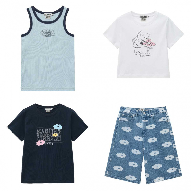 DAISY X MARITHÉ 滾邊無袖上衣/1,490元,DAISY X MARITHÉ 花卉熊熊TEE/ 1,690元,DAISY X MARITHÉ 彩蠟 LOGO TEE/1,690元,DAISY X MARITHÉ 百慕達牛仔褲/3,590元(圖/品牌提供)