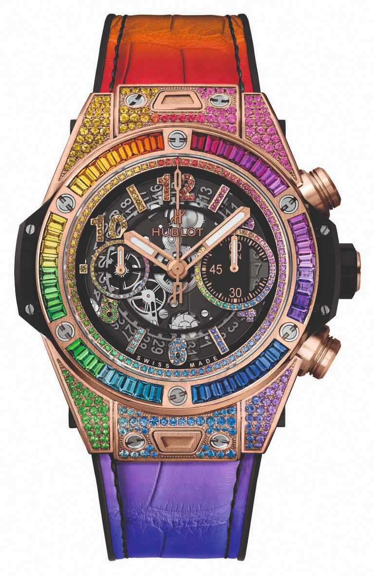HUBLOT「Big Bang Unico彩虹寶石」計時碼錶╱緞面拋光18K皇金錶殼，彩色寶石436顆，45mm╱2,845,000元。（圖╱HUBLOT提供）