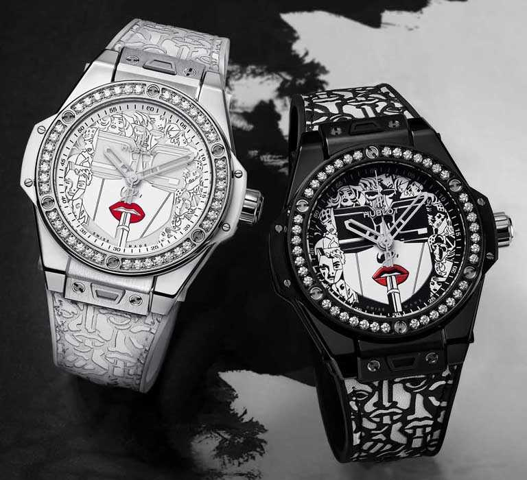 HUBLOT「2020 Big Bang One Click唇膏腕錶」：（左）精鋼款，39mm╱569,000元；（右）陶瓷款，39mm╱602,000元。（圖╱HUBLOT提供）
