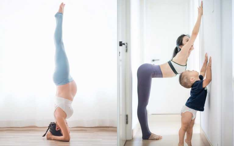 左邊這張大肚子還做倒立瑜珈動作的照片，讓Coffee引來不少爭議！但也讓她的孕婦粉絲激增。右邊是他跟兒子一起做運動的照片。（圖／IG）