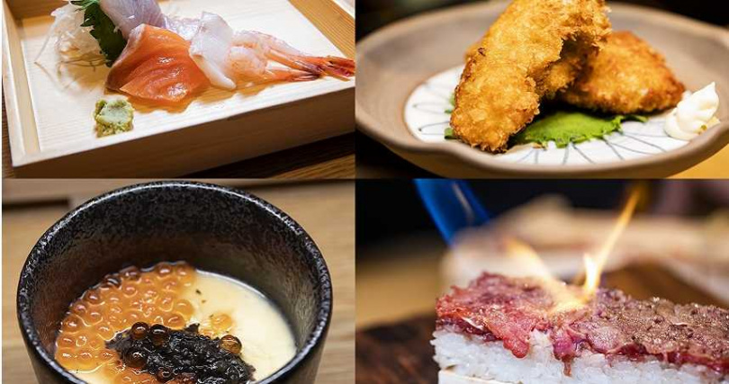 套餐附餐生魚片盛合（左上起順時針）、廣島炸牡蠣、生牛肉炙燒押壽司、松露鮭魚卵茶碗蒸。