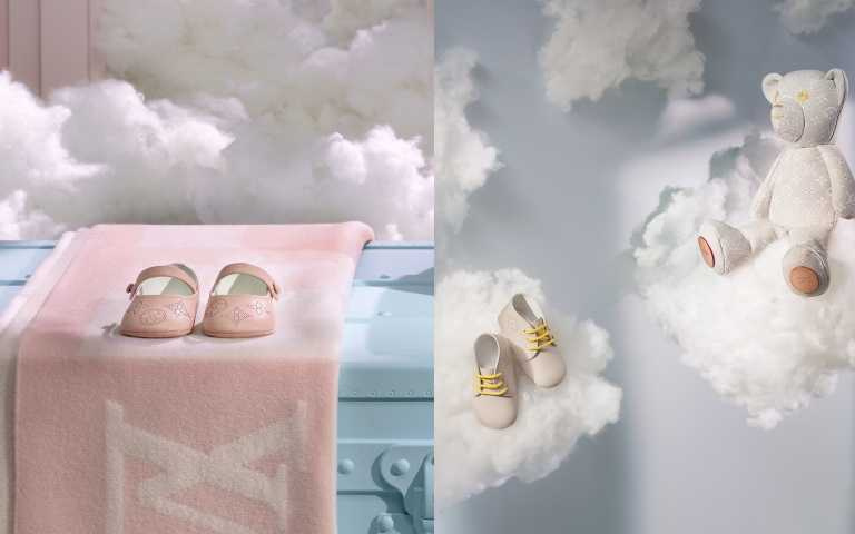 鞋款部分則推出兩款飾有鏤空Monogram圖案的品項，讓可愛造型更加分：白色和粉色的 Mary Janes 或 Babies，以及裝飾黃色鞋帶的白色或沙丘色短靴。（圖／品牌提供）