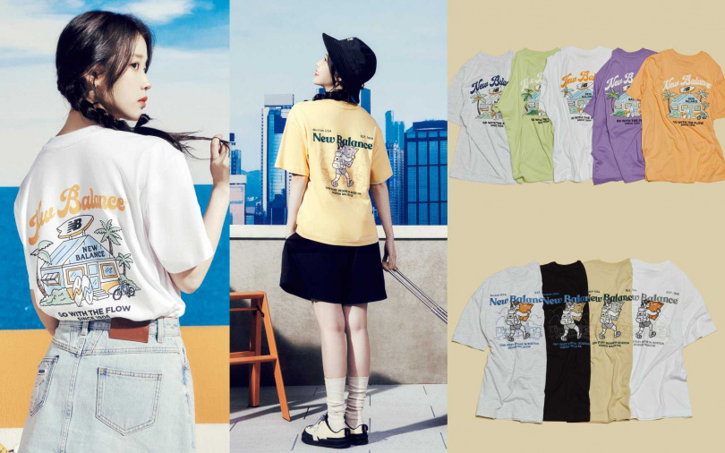 IU穿搭的2025 NB BOY白色衝浪小屋圖案T恤／1,480元、鵝黃NB BOY城市 探索T恤／1,480元（圖／品牌提供）