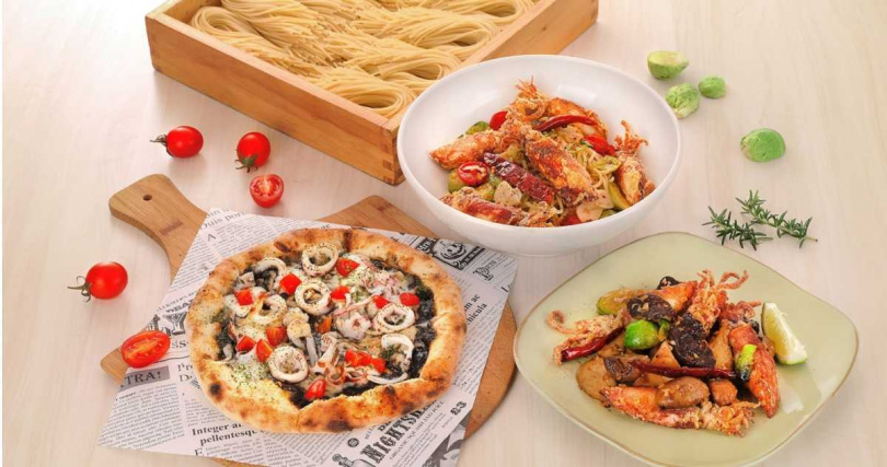 BEPPIN PASTA「小管墨魚海鮮披薩」(左起順時針,290元)、「蒜辣時蔬小管義大利麵」(380元)、「蒜辣野菇炒小管」。(330元,圖/BEPPIN PASTA提供)
