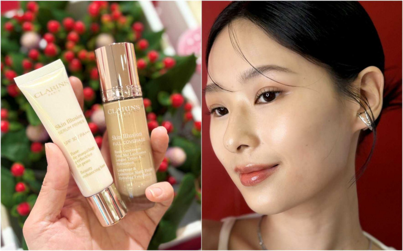 克蘭詩蘋果光妝前精華乳x蘋果光持久柔霧粉底液，幫妳實現雙頰綻放「自然蘋果蜜光」的千金感底妝。（圖／吳雅鈴攝）