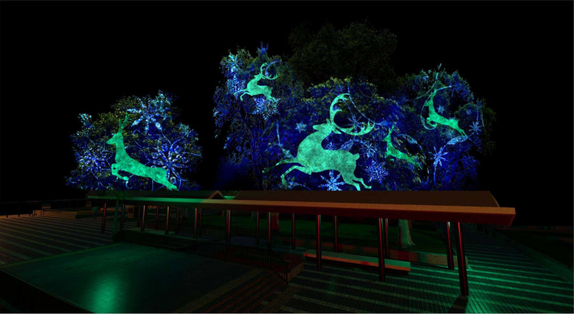 從聖誕天地仰望，可見馴鹿光影於中環天際間閃耀律動，為冬夜增添夢幻節慶氣息。（圖片提供／港旅局）