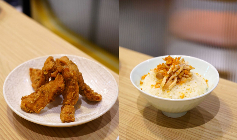 「里肌酥肉」（左，128元）、「蒜味雞絲香米飯」。（58元）
