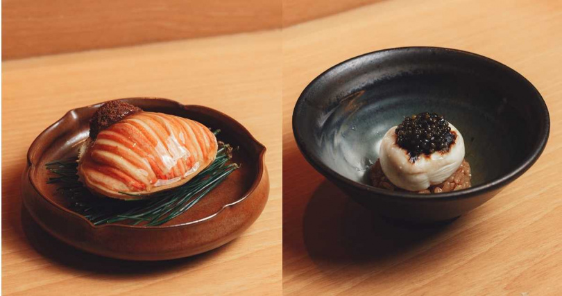 照壽司菜色「香箱蟹」(左)、「白子、初魚聯名魚子醬」。(圖/初魚集團提供)