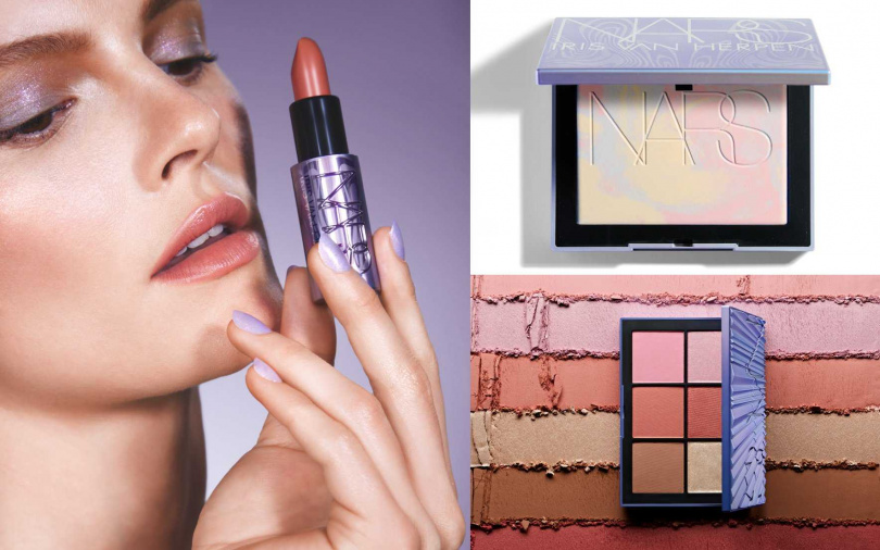NARS奢慾緞光唇膏#BLAME (星漾幻境版)3.8g／1,450元、裸光幻彩蜜粉餅 #MOONWAVE(星漾幻境版)10g／1,600元、6色頰彩盤(星漾幻境版)#LIGHTSPEED 3.5g x 6／2,400元（圖／品牌提供）