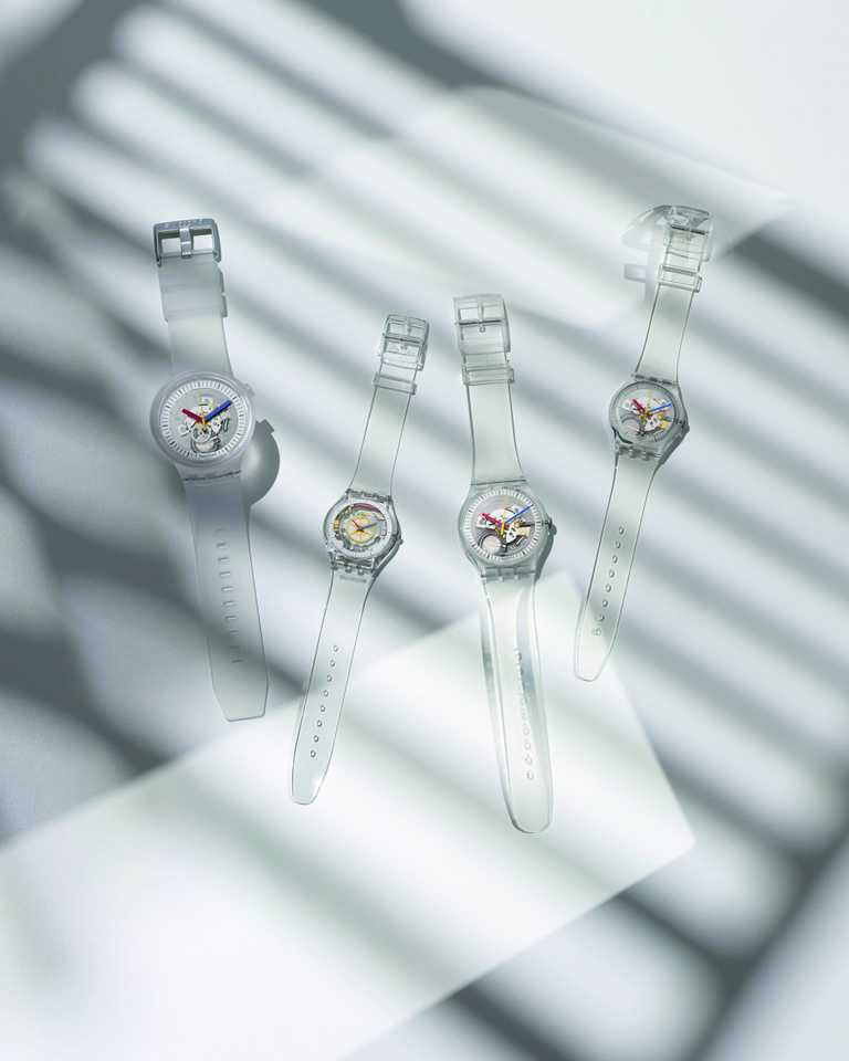 Swatch全新「CLEAR」系列腕錶，涵蓋品牌經典的「Gent」、原創的「New Gent」、大膽的「Big Bold」與輕薄的「Skin」等四大款式。（圖╱Swatch提供）