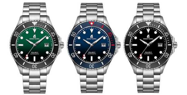 睿智系列陶瓷潛水腕錶 建議售價$33,500，左至右：綠 N0735G0A-MC9S、藍N0735G0B-MC6S、黑 N0735G0C-MC5S