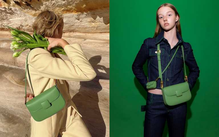 (左)澳洲創意總監 Violet Grace Atkinson 則是以一襲米黃色的西裝套裝搭配綠色 Koa 方釦包,散發出低調又迷人的光彩，推薦給想在職場上穿出時髦感的妳。（圖／品牌提供）