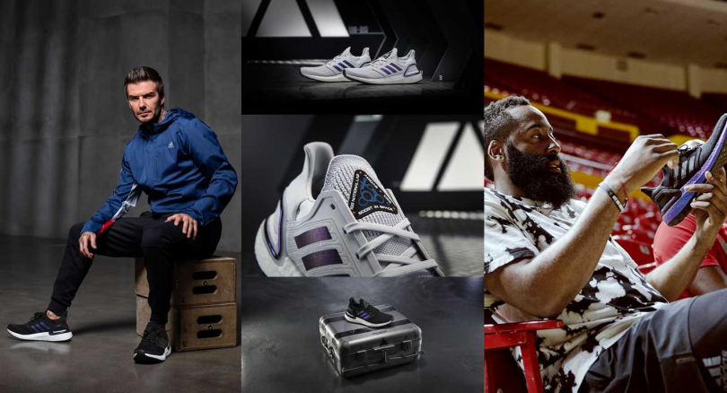 David Beckham與球星James Harden搶先穿上adidas Ultraboot太空系列鞋款，一展休閒帥氣。（圖／adidas）