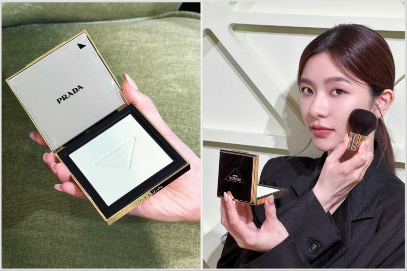 PRADA 原生霧光定妝粉餅 6.8g / 2,700元;PRADA蜜粉刷/3,080元(圖/品牌提供)