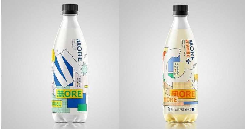 Pinkoi X MORE靈感進化論概念瓶「檸檬風味氣泡水」（左）與「百香果風味氣泡水」。（圖／Pinkoi提供）