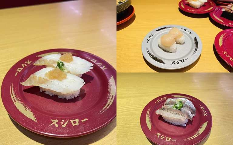 北海道產炙燒昆布真鱈（左）、北海道產貝柱2貫（右上）、竹筴魚（右下）