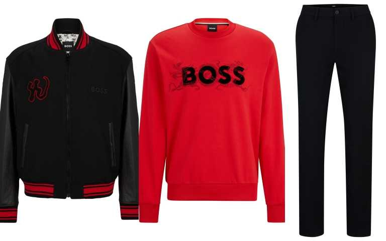 BOSS龍年限定系列皮革棒球外套／43,900元、BOSS龍年限定系列紅色運動衫／8,900元、BOSS龍年限定系列黑色長褲／7,900元（圖／品牌提供）