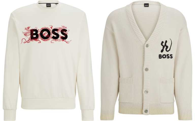 BOSS龍年限定系列白色運動衫／8,900元、BOSS龍年限定系列白色開襟針織外套／13,400元（圖／品牌提供）