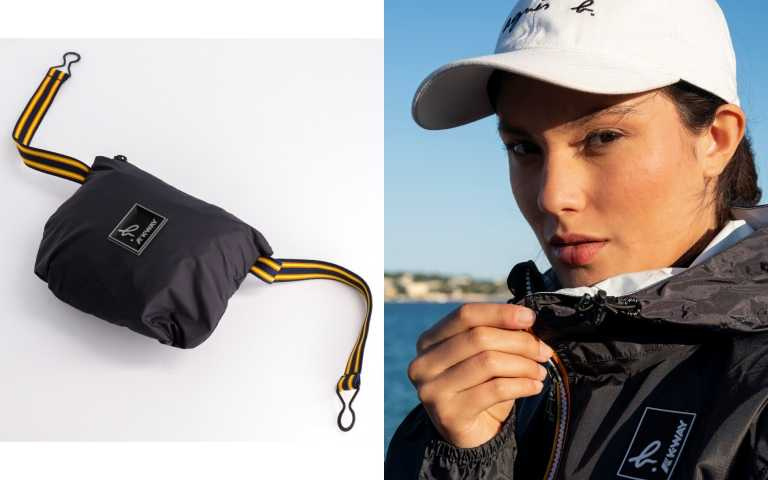 聯名防水風衣可摺疊收納至拉鍊口袋中，方便隨身攜帶。（圖／品牌提供）