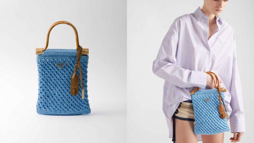 Prada 木質提把鉤織提包(藍色)／86,000元（圖／品牌提供）