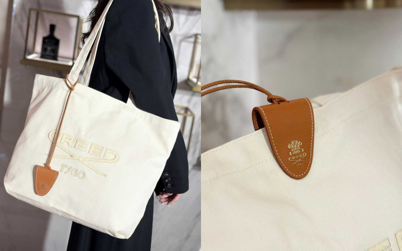 滿額禮的CREED皇室經典刺繡托特包、皇室釦飾，質感超級好！（圖／吳雅鈴攝）