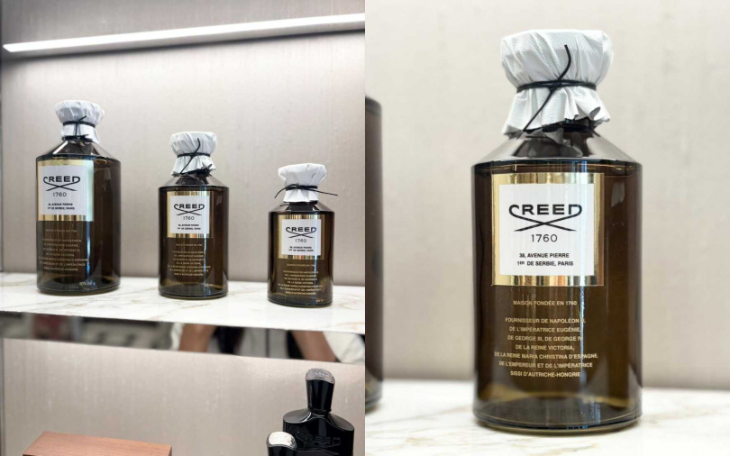 不只空間令人驚艷，此次開幕也帶來復刻18世紀製香封存工藝的全台獨家珍藏永續傳承香氛瓶！優雅祖母綠瓶身、CREED經典剪刀Logo、皮革繫繩封口設計，是品牌將「永恆工藝」轉化為「當代藝術」的極致展現。（圖／吳雅鈴攝）