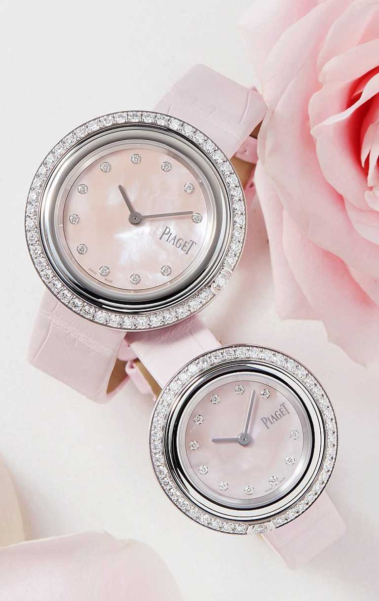PIAGET「Possession系列」18K白金粉紅珍珠母貝錶盤鑽石腕錶╱（上）34mm，錶圈鑽石46顆╱625,000元；（下）29mm，錶圈鑽石42顆╱510,000元。（圖╱PIAGET提供）