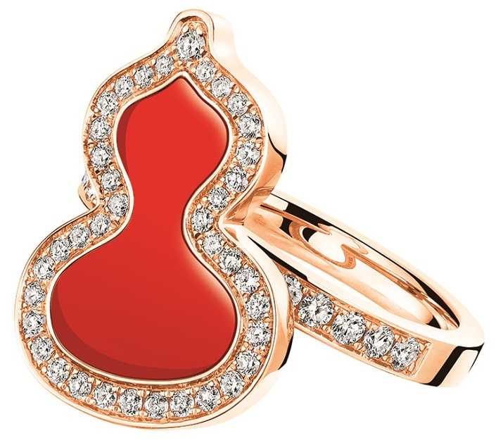 Qeelin「Wulu」系列，18K玫瑰金鑲鑽紅瑪瑙中型戒指╱124,500元。（圖╱Qeelin提供）