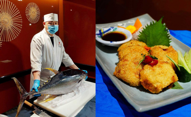 週五晚間主廚秀會將重達25公斤的鮪魚現場解體（左），日式炸物區新菜有「酥炸鮪魚可樂餅」。（圖／魏妤靜攝）